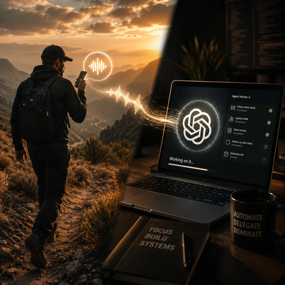 A business owner on a trail at dusk delegating work by voice while an AI agent completes email, CRM, and invoicing tasks on a laptop