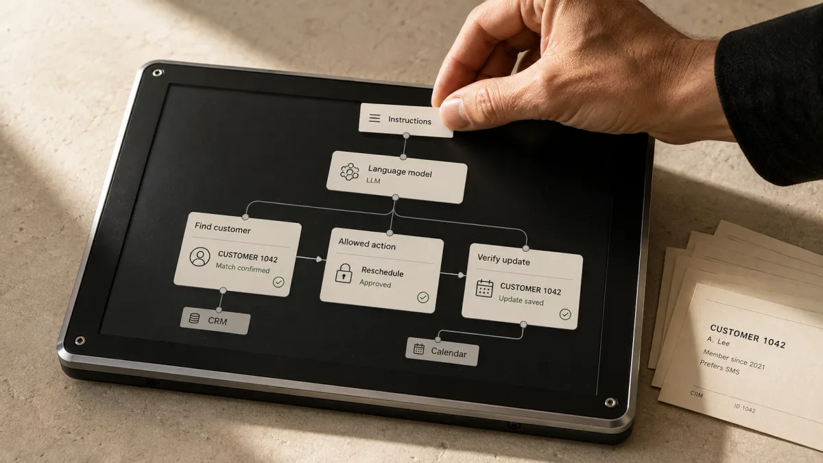 A hand connects instructions, a language model, customer lookup, an approved booking change, and verification.