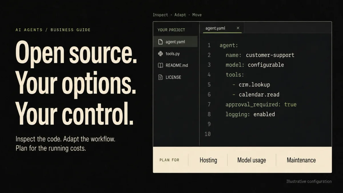 An illustrative agent configuration shows editable tools, approval requirements, and logging alongside hosting and maintenance considerations.