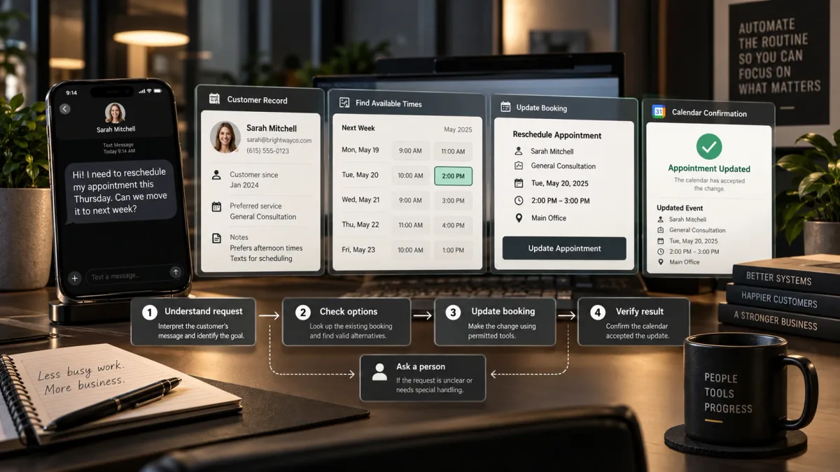 A customer rescheduling message progresses through record lookup, availability checks, booking updates, and calendar confirmation.