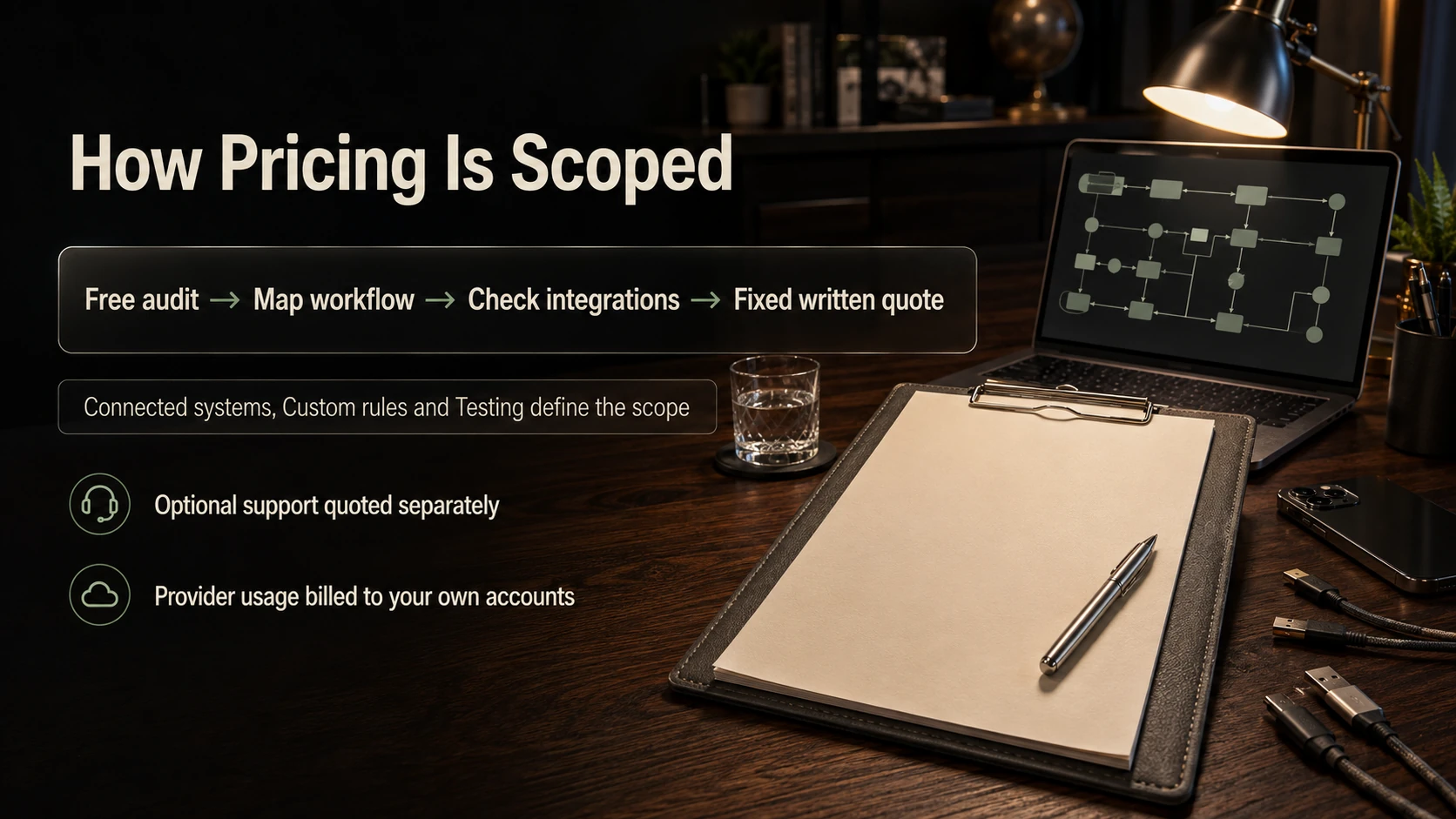 A free audit, workflow mapping and integration checks lead to a fixed written quote.