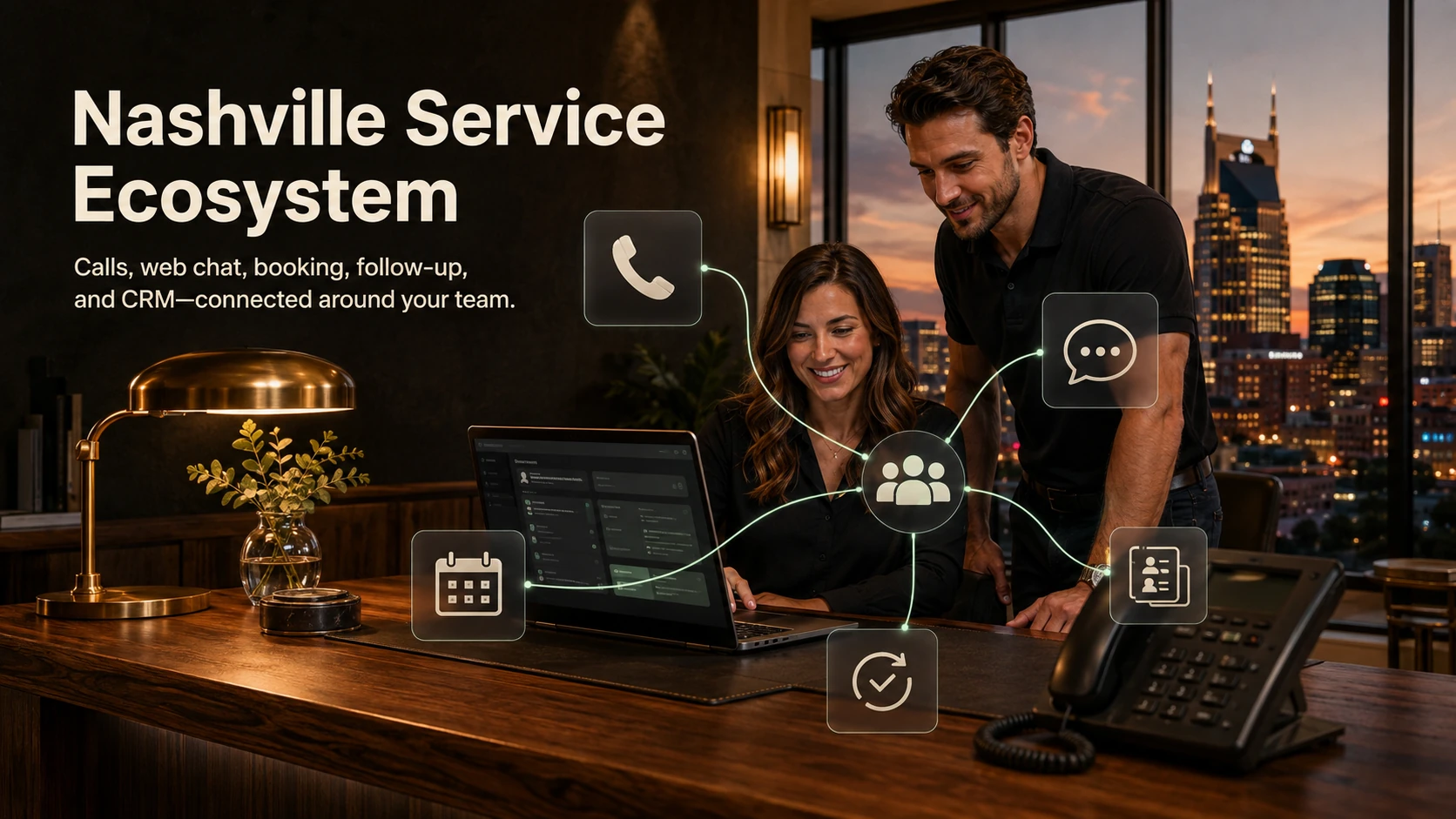 Calls, web chat, bookings, follow-up and CRM connected around a business team.