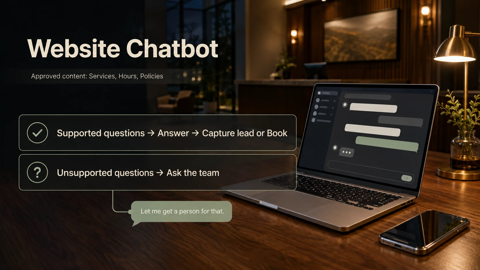 A website chatbot uses approved services, hours and policies, with unknown questions sent to staff.