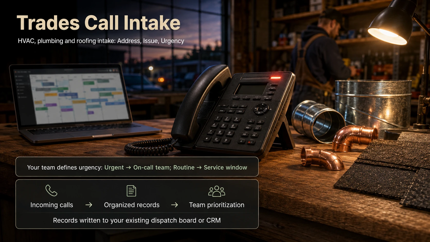 Trades intake routes urgent calls to the on-call team and routine jobs to a service window.
