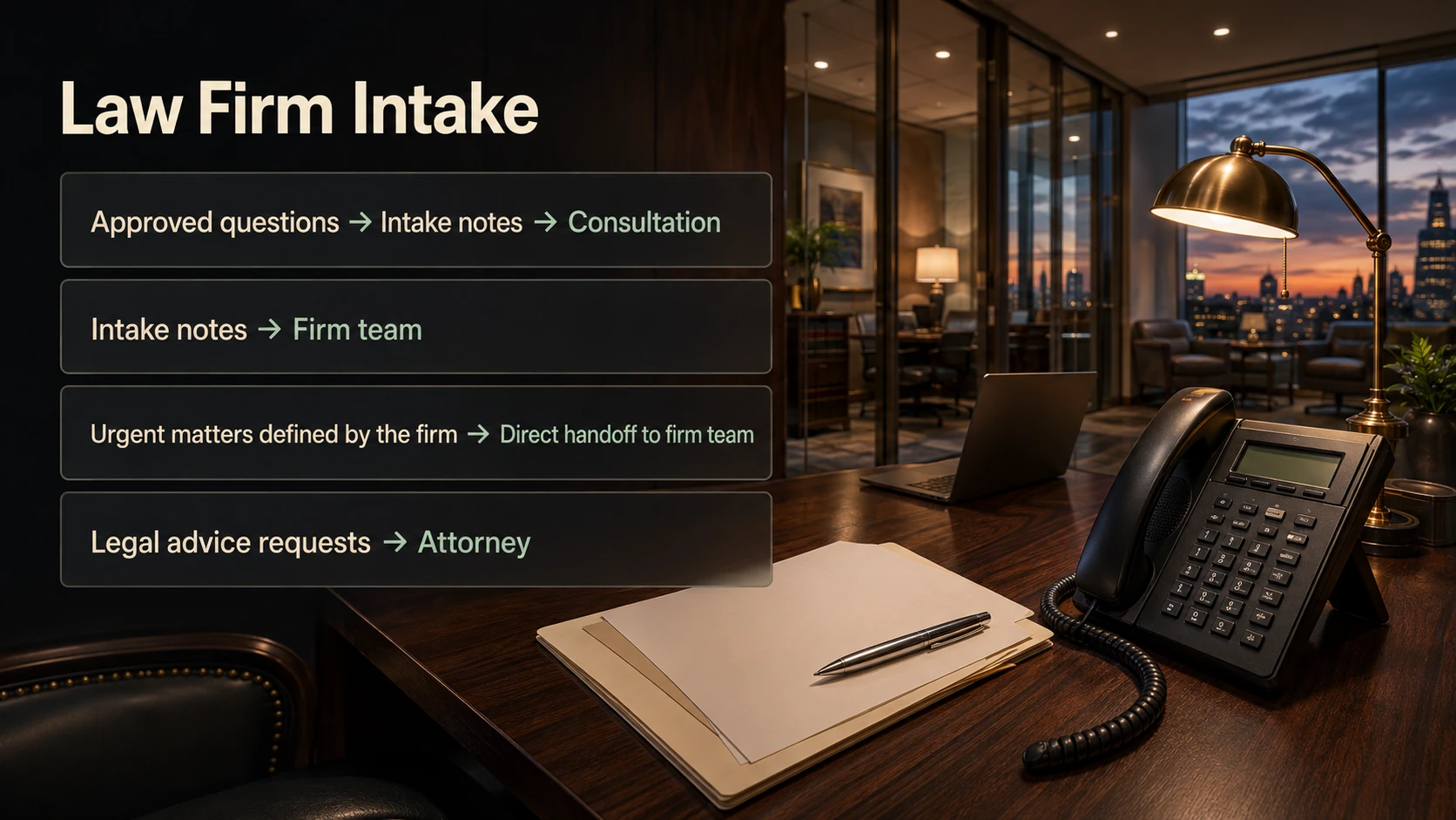 Firm-approved screening questions create intake notes and consultation bookings, with attorney handoff.