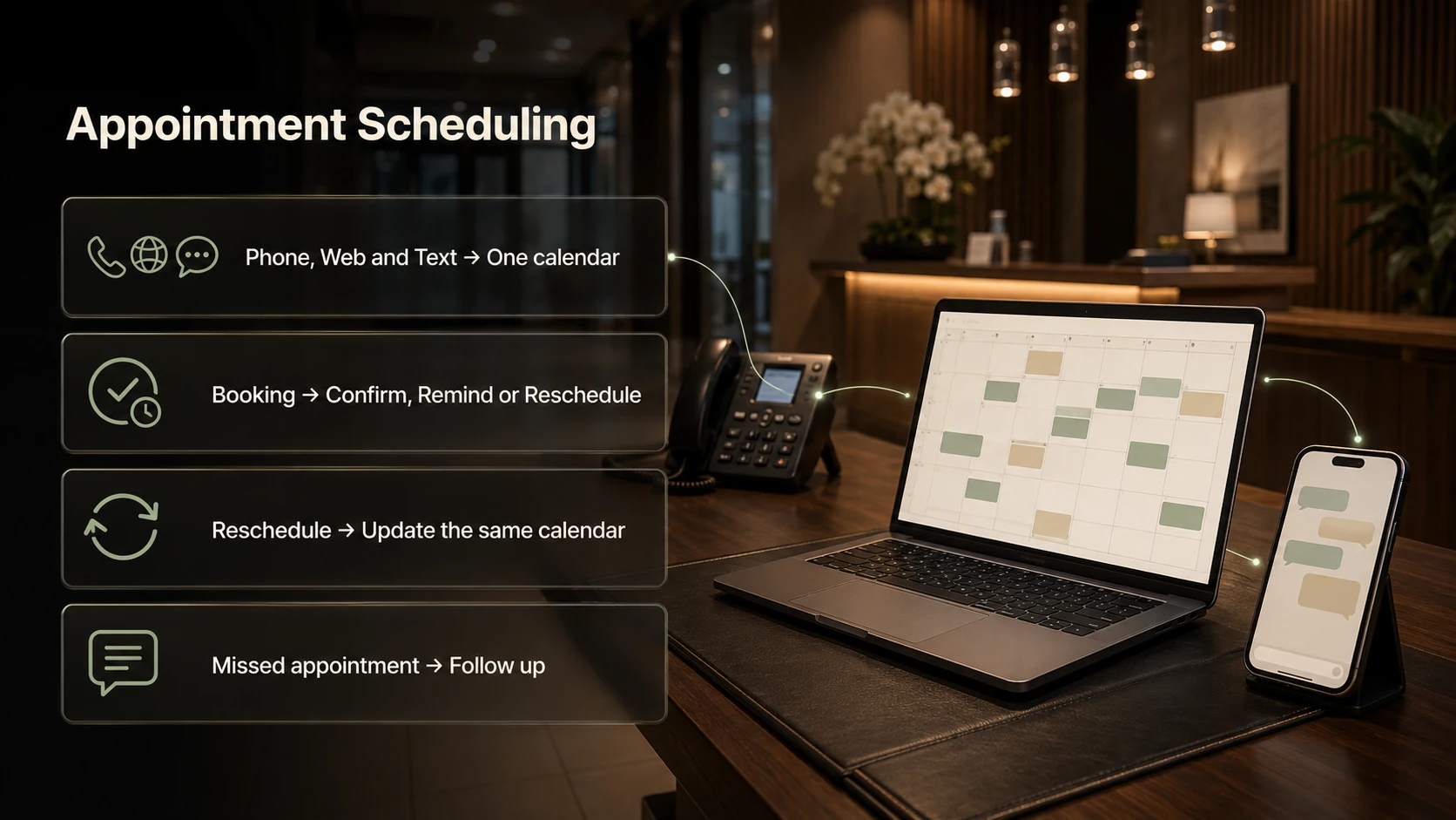 Phone, web and text bookings use one calendar, with confirmation, reminders and rescheduling.