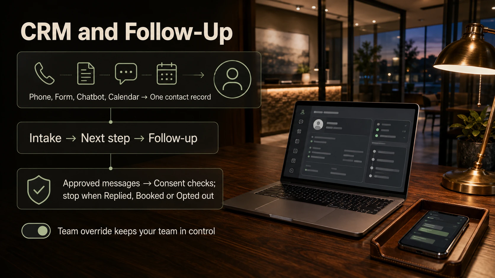 Customer interactions enter a CRM record and follow-up passes consent and stop-condition checks.