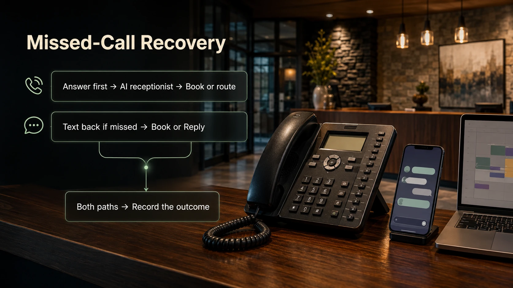 AI answering and missed-call text-back paths lead to a shared call record.