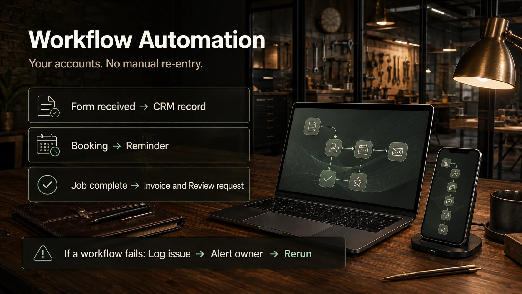 Form, CRM, booking, reminder and job-completion workflows run inside business-owned accounts.